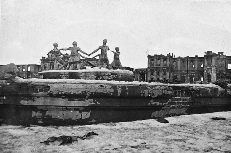 The Barmaley Fountain, one of the symbols of Stalingrad, in 1943, right after the battle