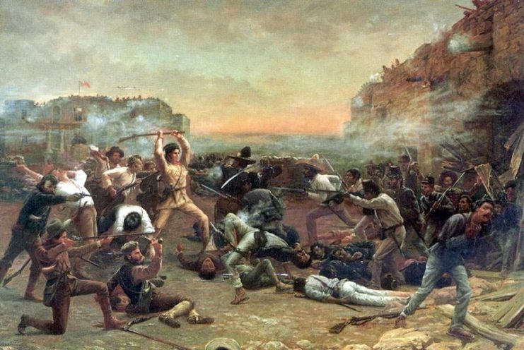 The Fall of the Alamo (1903) by Robert Jenkins Onderdonk, depicts Davy Crockett wielding his rifle as a club against Mexican troops who have breached the walls of the mission.