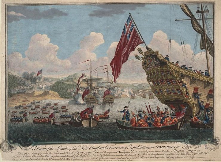 The landing of troops from New England on the island of Cape Breton to attack Louisbourg. (Drawing 1747)