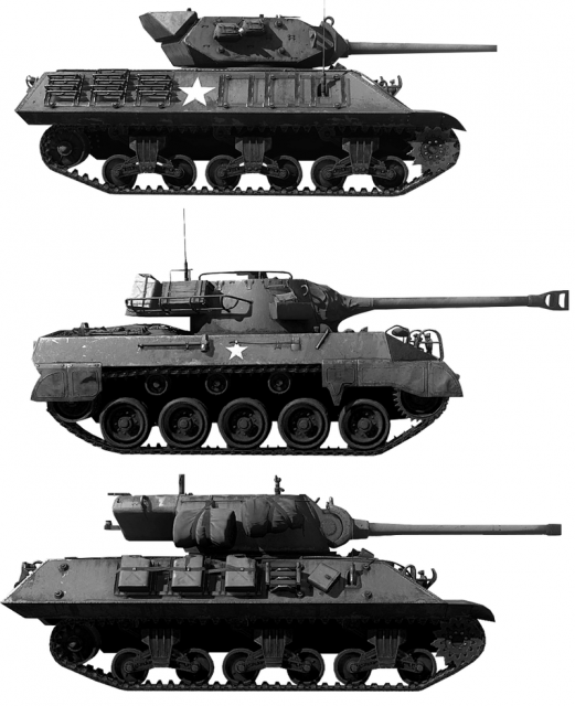 M18 Hellcat (center) in comparison to M10 (top) and M36 (bottom) turreted tank destroyers in United States Service during the Second World War.