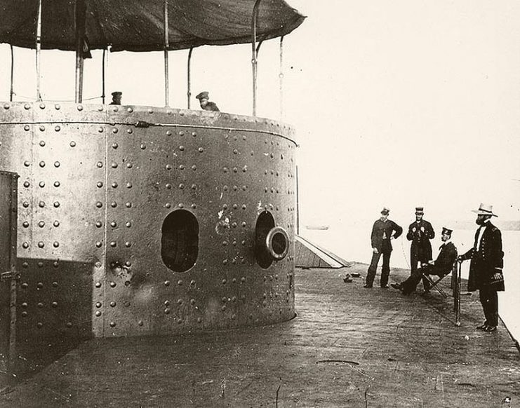 USS Monitor View on deck looking forward on the starboard side, while the ship was in the James River, Virginia, 9 July 1862. The turret, with the muzzle of one of Monitor’s two XI-inch Dahlgren smoothbore guns showing, is at left.