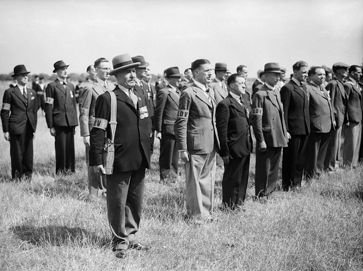 A parade of ‘Old Contemptibles’ – men who had served in France and Belgium in 1914 – in the Local Defence Volunteers, soon to be renamed the Home Guard, 1 July 1940.