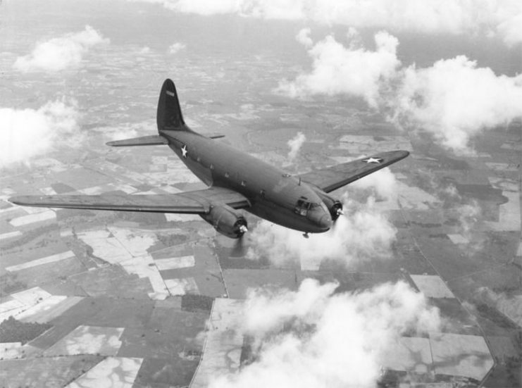 Curtiss C-46 “Commando” in flight, Operation Varsity