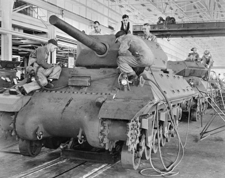 M10 shown in mass production at General Motors tank arsenal.