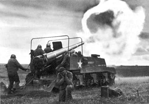M12 firing across the Moselle River in France, 1944.