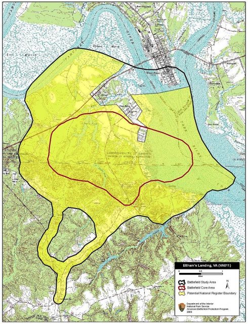 Map of Eltham’s Landing Battlefield core and study areas by the American Battlefield Protection Program.