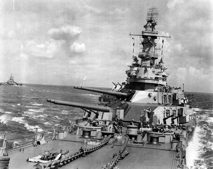 This 1944 photo shows Iowa in her anti-submarine camouflage measure, applied in December or in early January 1944