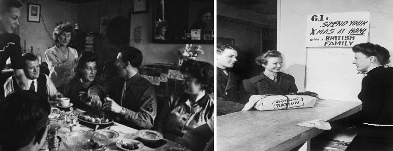 GI Christmas WWII (Left: A Gi spending his Christmas with a British family; Right: The actual poster put around the base urging GIs to spend their holdiays with British families.)