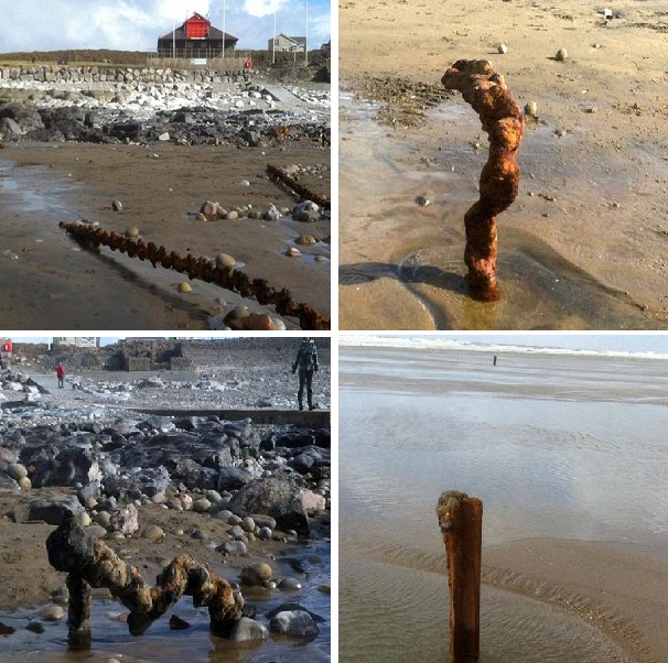 The WWII anti-tank defenses or tank traps was built in 1940 in case Hitler's Panzer division chose to invade Britain. Hidden under the sea, they were laid bare by the recent storms which hit the English coastline.
