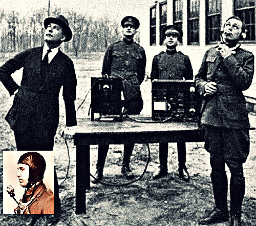 The first air-to-ground communications and vice versa were established in Virginia in 1917 with the help of AT&T employees. (Inset) a WWI pilot with an early air-to-ground communication device in his headgear.
