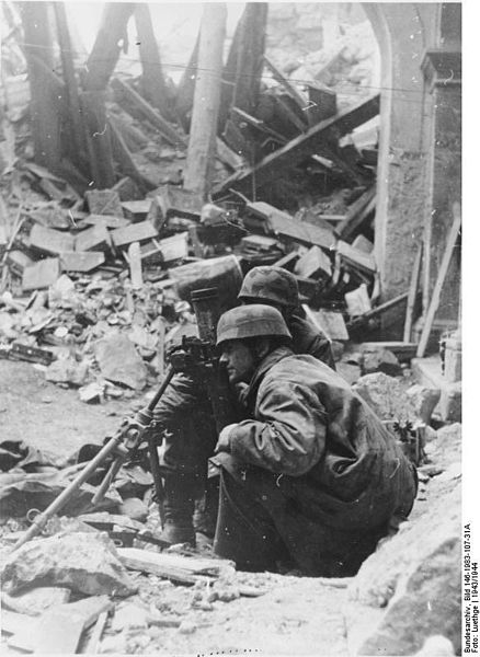 A German mortar crew, photo presumed taken in the ruins of the Abbey