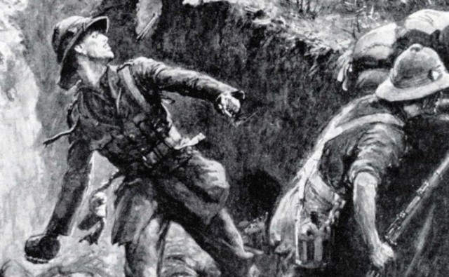 An artist's impression of Major William Thomas Forshaw VC throwing grenades in Gallipoli in 1915 during the First World War. Submitted. S33641B.jpg