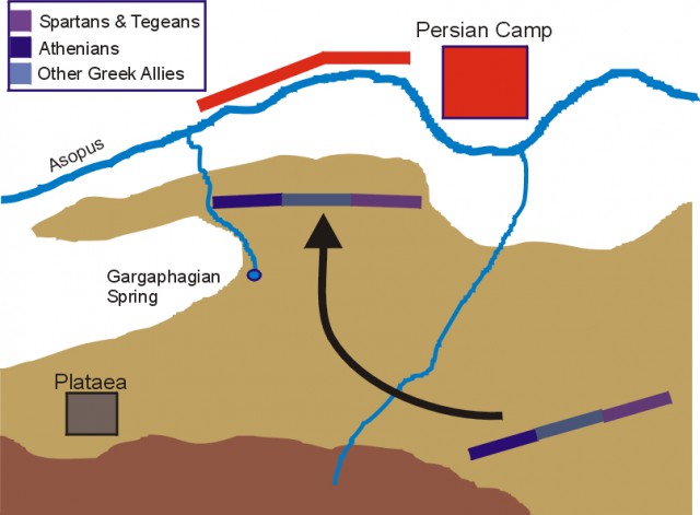 Map of the positions prior to battle. notice the hill occupied by the Greeks and their only source of water from the spring.