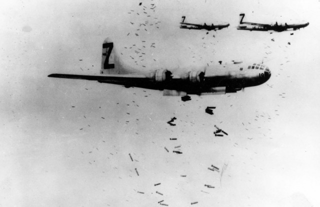A B-29 releases incendiary bombs on Yokohama in May 1945. (U.S. Air Force photo)