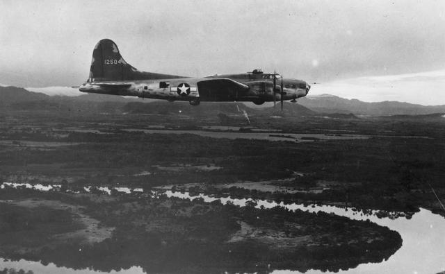 Camoflaged Boeing B-17E on patrol of the approaches to the vital Panama Canal. (U.S. Air Force photo)