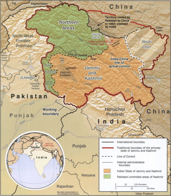 Political map of India, China, and the disputed Aksai Chin region
