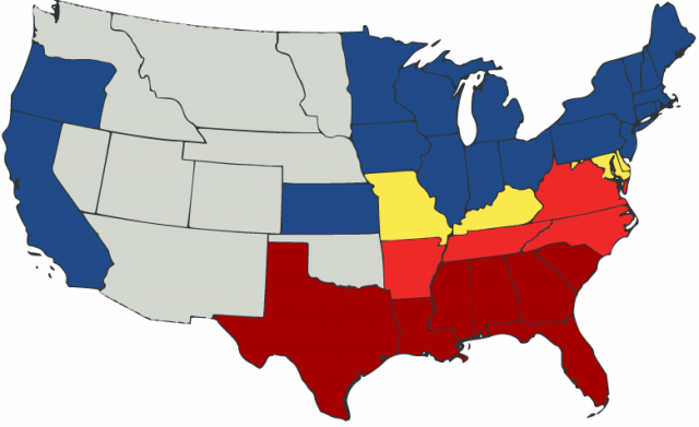 The blue and yellow states formed the Union in 1861. Those in blue banned slavery, while those in yellow allowed it. The bright red states seceded after 15 April 1861, while the dark red states formed the Confederacy. The light-blue areas were not yet states. 