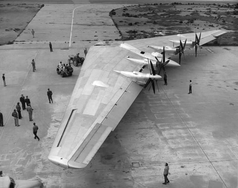 Northrop's Flying Wing Bomber, XB-35, is wheeled on to the runway for its first taxi tests, Hawthorne, California, May 25, 1946. (Photo by Underwood Archives/Getty Images)