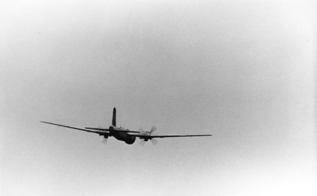 A He 177s outline in flight, heading away from the camera.