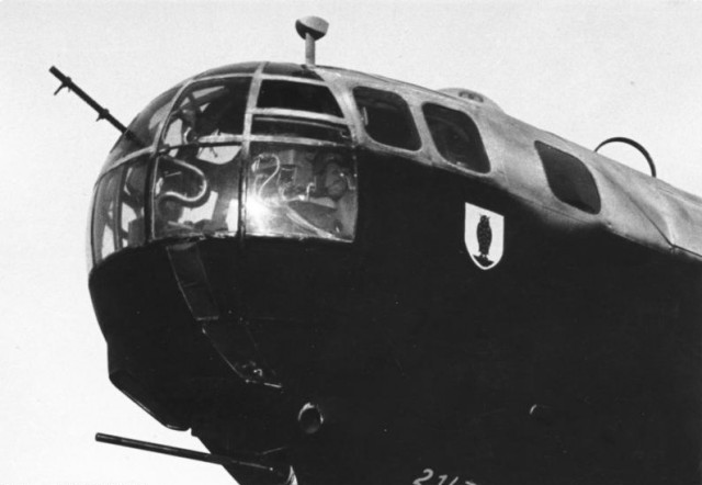 A 7.92 mm MG 81 to defend against head on attacks; the two lower rows of nose glazing panels are painted over to protect the crew from searchlight glare.