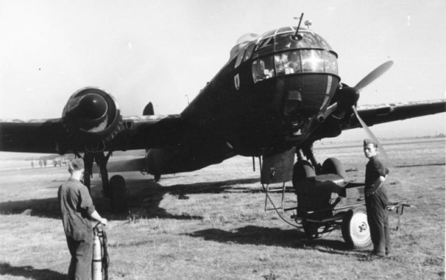 A He 177 during refueling and engine-run up, 1943. Note the four-bladed propeller. The He 177 is painted in a night camouflage scheme.