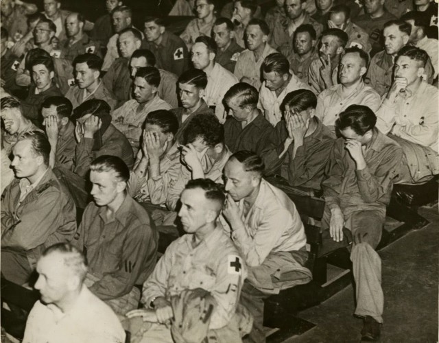 German POWs watching footage of the concentration camps in 1945