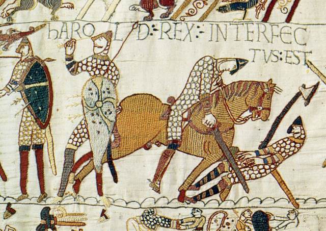 https://en.wikipedia.org/wiki/File:Harold_dead_bayeux_tapestry.png The Bayeux Tapestry depicting the death of Harold Hodwinson after being hit in the eye with an arrow by a mounted Norman knight