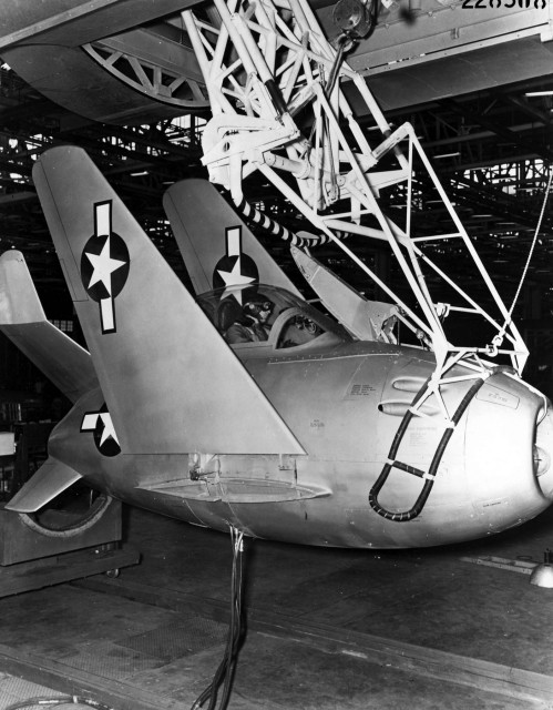 To fit inside the parent aircraft’s bomb bay, the XF-85’s wings folded up. (U.S. Air Force photo)