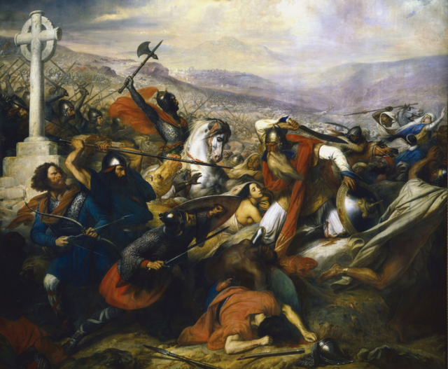 "Bataille de Poitiers en Octobre 732" by Charles de Steuben depicts the battle. Charles Martel is on the white horse wielding an axe. Abdul Rahman with the white, flowing beard is on the right. 