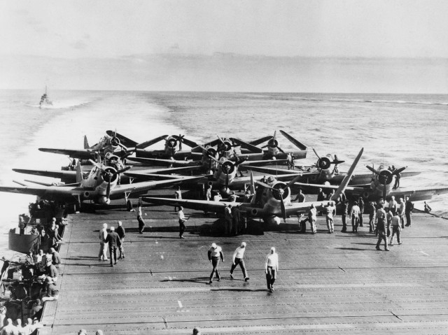 Devastators of VT-6 aboard USS Enterprise being prepared for take off during the battle.