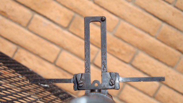 The Flip-up Anti-aircraft rear sights of a Type 99 rifle. The calipers on the sides are to determine the speed of the targeted aircraft.