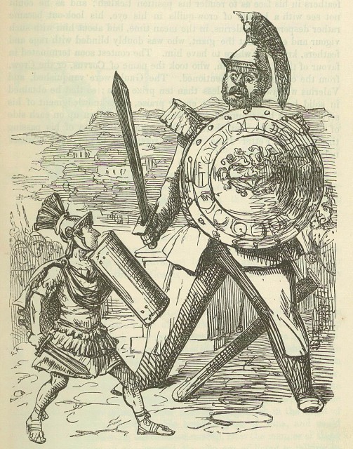 a comic depicting the size mismatch between the Roman and the Gaul. this is clearly showing a semi-standard pre-battle combat.
