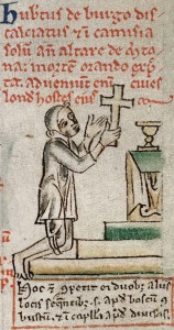 Hubert de Burgh kneeling at an altar, seeking sanctuary at Merton. British Library, Royal 14 C VII f. 119
