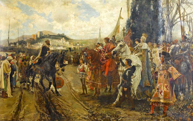 The Capitulation of Granada, by Francisco Pradilla y Ortiz: Boabdil confronts Ferdinand and Isabella. 1882