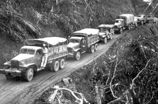 https://en.wikipedia.org/wiki/File:African-americans-wwii-009.jpg The US Army travelling from India into Burma over the secured Ledo supply road in 1945