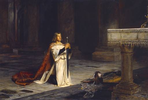 Gawain represented the perfect knight, as a fighter, a lover, and a religious devotee. (The Vigil by John Pettie, 1884)