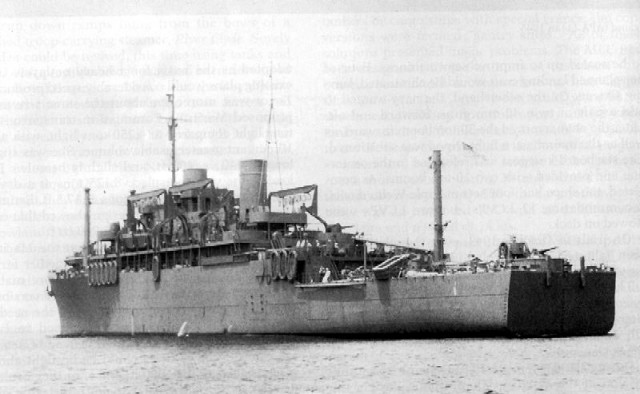 Aft view of USS Doyen (APA-1) showing her transom stern. She was designed with a stern slipway for launching an LCM(2) landing craft. By the time the ship had been completed, LCM(2) had been superseded by the larger LCM(3), and the slip was closed up to form a buoyancy space.. Text and US Navy photo from "U.S. Amphibious Ships and Craft: An Illustrated Design History" by Norman Friedman.