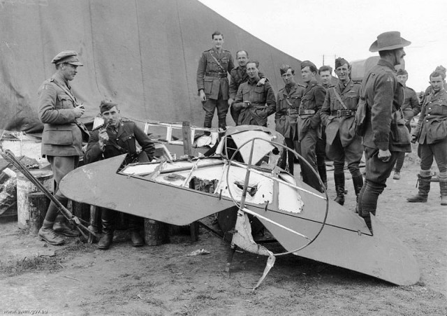 The remains of Baron von Richthofen's Fokker Dr.I triplane at the aerodrome of No. 3 Squadron of the Australian Flying Corps at Bertangles, Somme, Picardie (France)