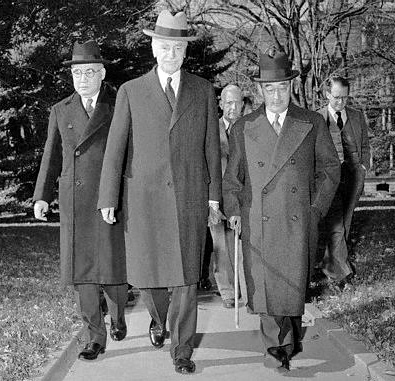 17 Nov 1941, Washington, DC, USA --- Saburo Kurusu, (right) Japan's special envoy for a "final attempt at peace". Secretary of State Cordell Hull and Kichisaburo Nomura. (left) Japanese ambassador to the United States, arrive at the White House, November 17th, for an hour and ten minute conference with President Roosevelt. The President told Japan's trouble-shooter that he hoped that a major conflict in the Pacific could be avoided. 
