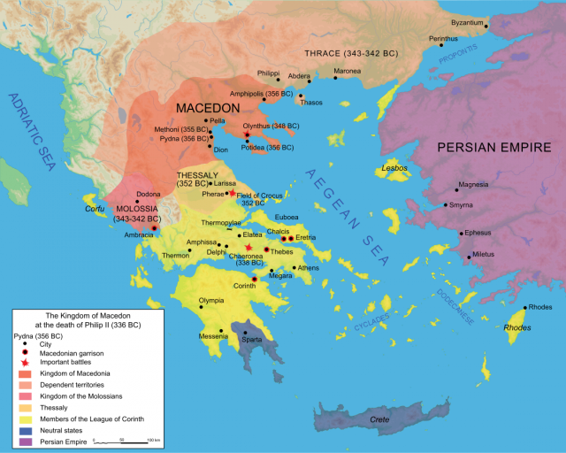 Map of Macedon showing the strides taken by Philip in preparation for a Persian invasion. Persia looms large just across the Aegean