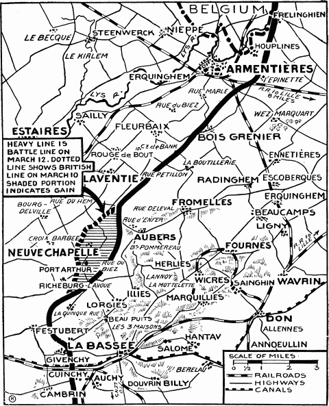 "Current History" (New York Times) map showing positions following the Battle of Neuve Chapelle, March 1915. British gained area is shaded.