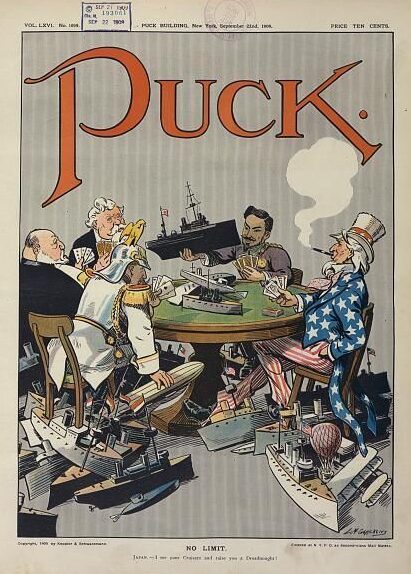 1909 cartoon in Puck shows (clockwise) US, Germany, Britain, France and Japan engaged in naval race in a "no limit" game.