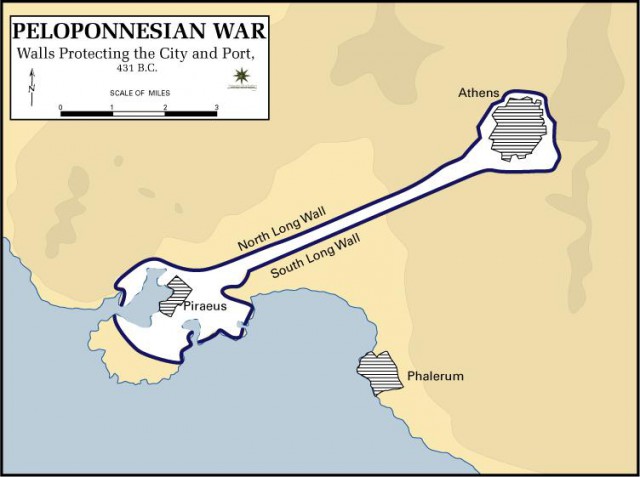 the walled port posed a problem to the Spartans trying to take Athens by land, but once they had a naval blockade the Athenians had no hope. these walls were taken down by the Spartans after their victory but the city itself was spared.
