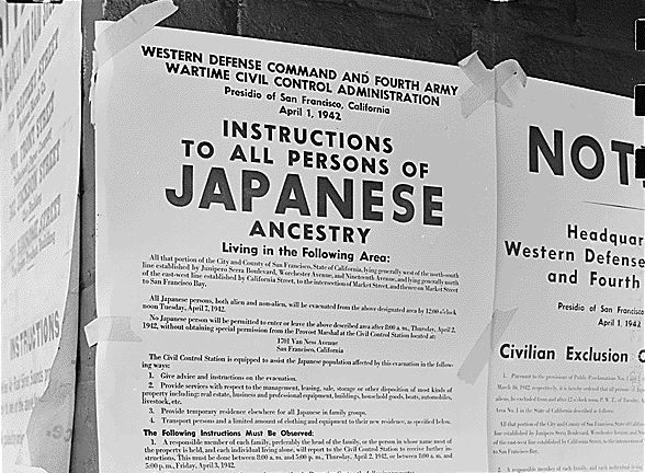 This photo of Executive Order 9066, also called the Exclusion Order, was taken on First and Front Streets in San Francisco, California on 11 April 1942