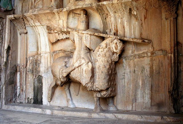 relief of a Cataphract, showing the armored horse and rider as well as the charging lance.