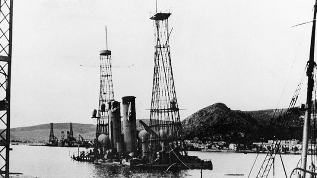 Kilkis, sunk by German dive-bombers. Lemnos can be seen sunk in the background.