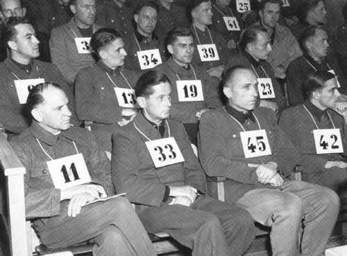 Joachim Peiper at the Nuremberg Trials, wearing number 45