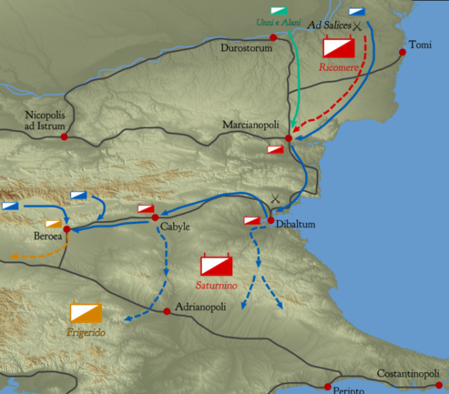 Gothic movements the year before the battle of Adrianople. They had difficulty taking walled settlements, but ravaged much of the countryside