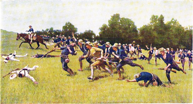 Charge of the Rough Riders at San Juan Hill by Frederic Remington. In reality, they assaulted San Juan Heights and the portion later called Kettle Hill by the Americans.