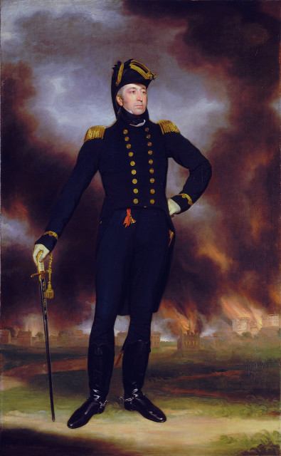 https://en.wikipedia.org/wiki/Burning_of_Washington John James Halls' 1817 oil on canvas depiction of Rear-Admiral George Cockburn posing before a burning Washington